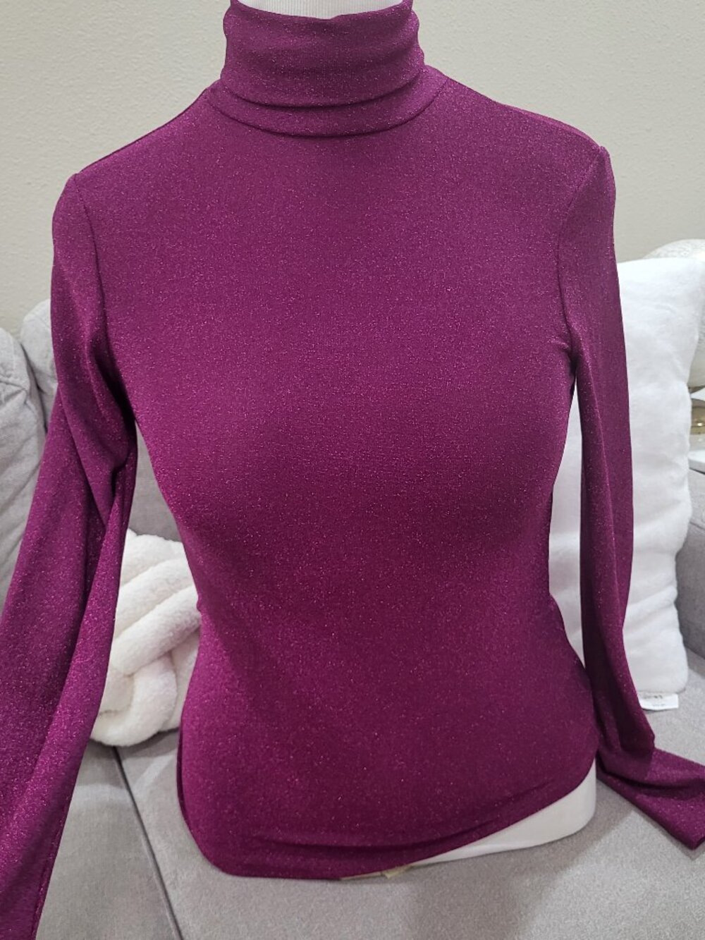 FRNCH Paris shiny Fuchsia mock turtle neck long sleeve basic top  Size XS (S/M)